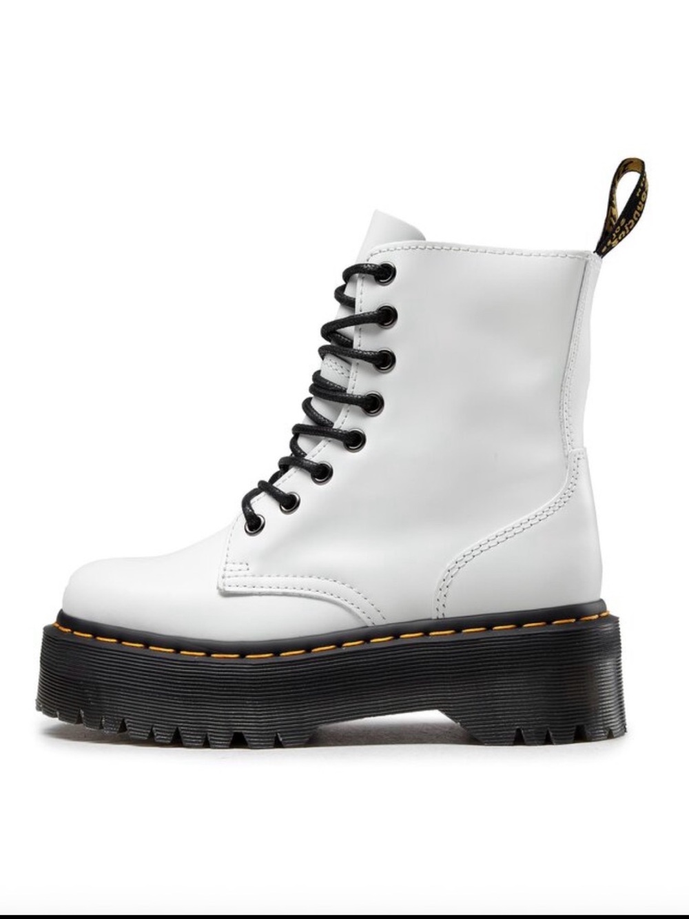 Dr. Martens White Leather Platform Lace-Up Boot with Black Sole